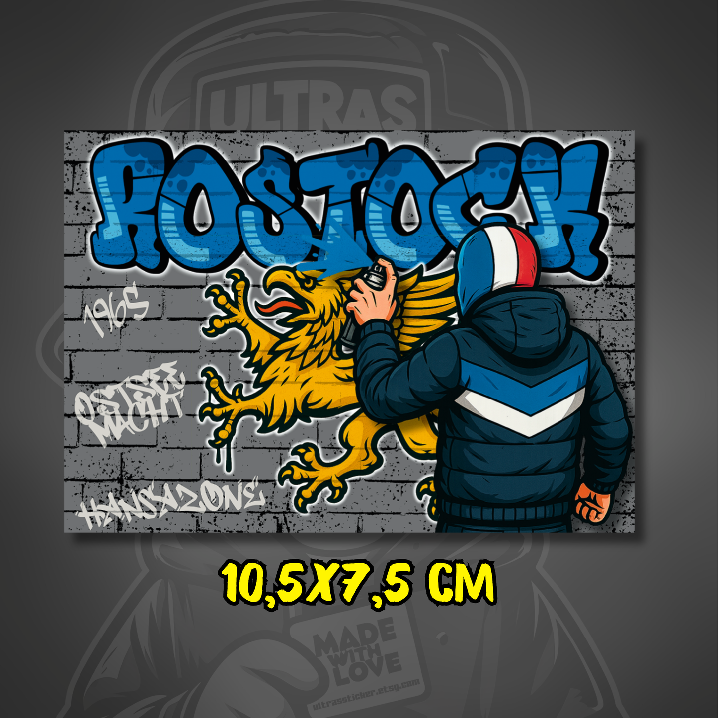 Graffiti-Aufkleber mit blauem Rostock-Schriftzug im Ultras Stil