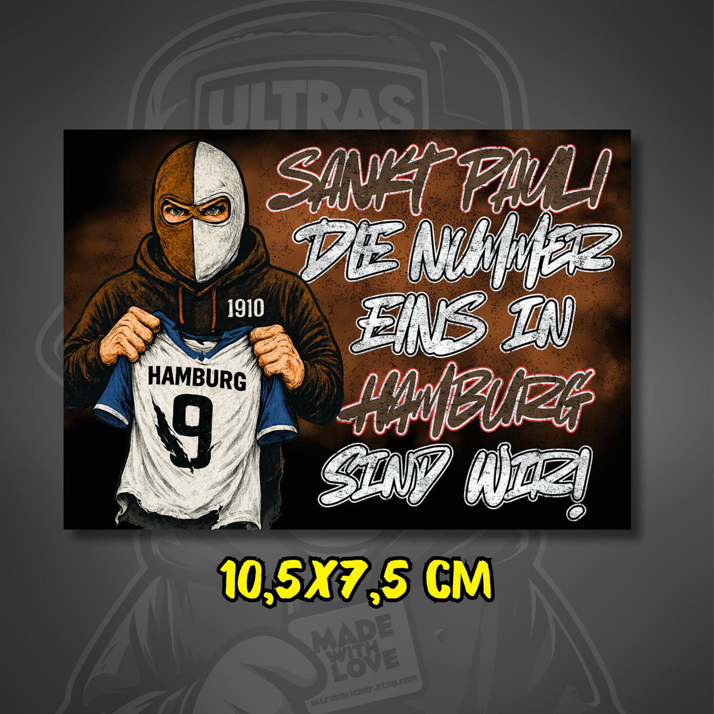 St. Pauli Aufkleber Die Nummer 1 in Hamburg mit Hooligan der Hamburg Trikot zerreisst