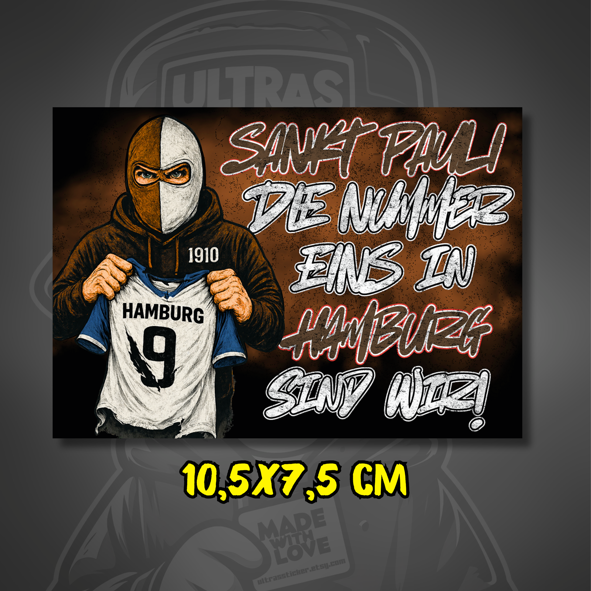 St. Pauli Aufkleber Die Nummer 1 in Hamburg mit Hooligan der Hamburg Trikot zerreisst