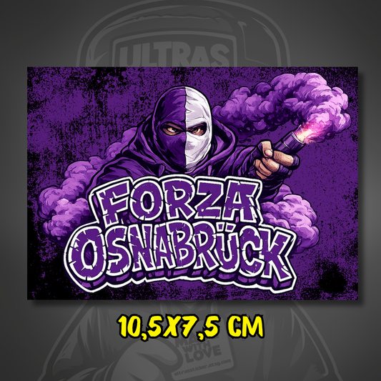 Osnabrück Aufkleber mit der Aufschrift ‚Forza Osnabrück‘, maskierter Figur und Rauchfackel in lila-weißem Design im Ultras-Stil.