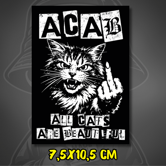 Schwarz-weißer Aufkleber mit aggressiver Katze, erhobener Pfote und dem Schriftzug ACAB – All Cats Are Beautiful.