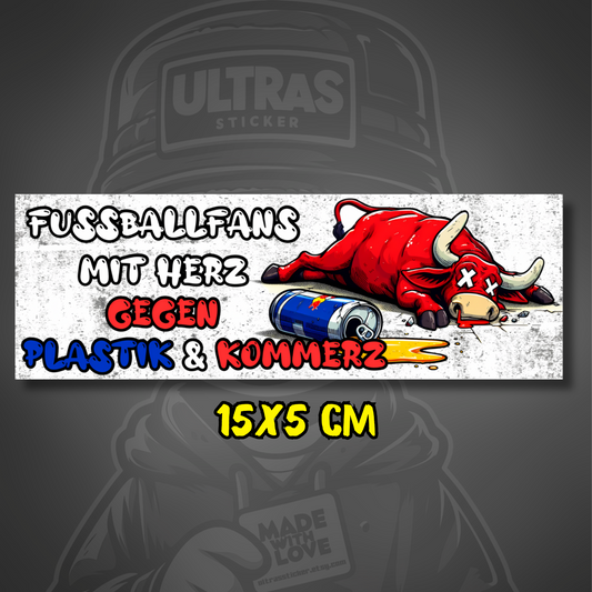 Aufkleber Fußballfans mit Herz gegen Plastik & Kommerz ultras-inspirierter Fan-Sticker 15x5cm wetterfest