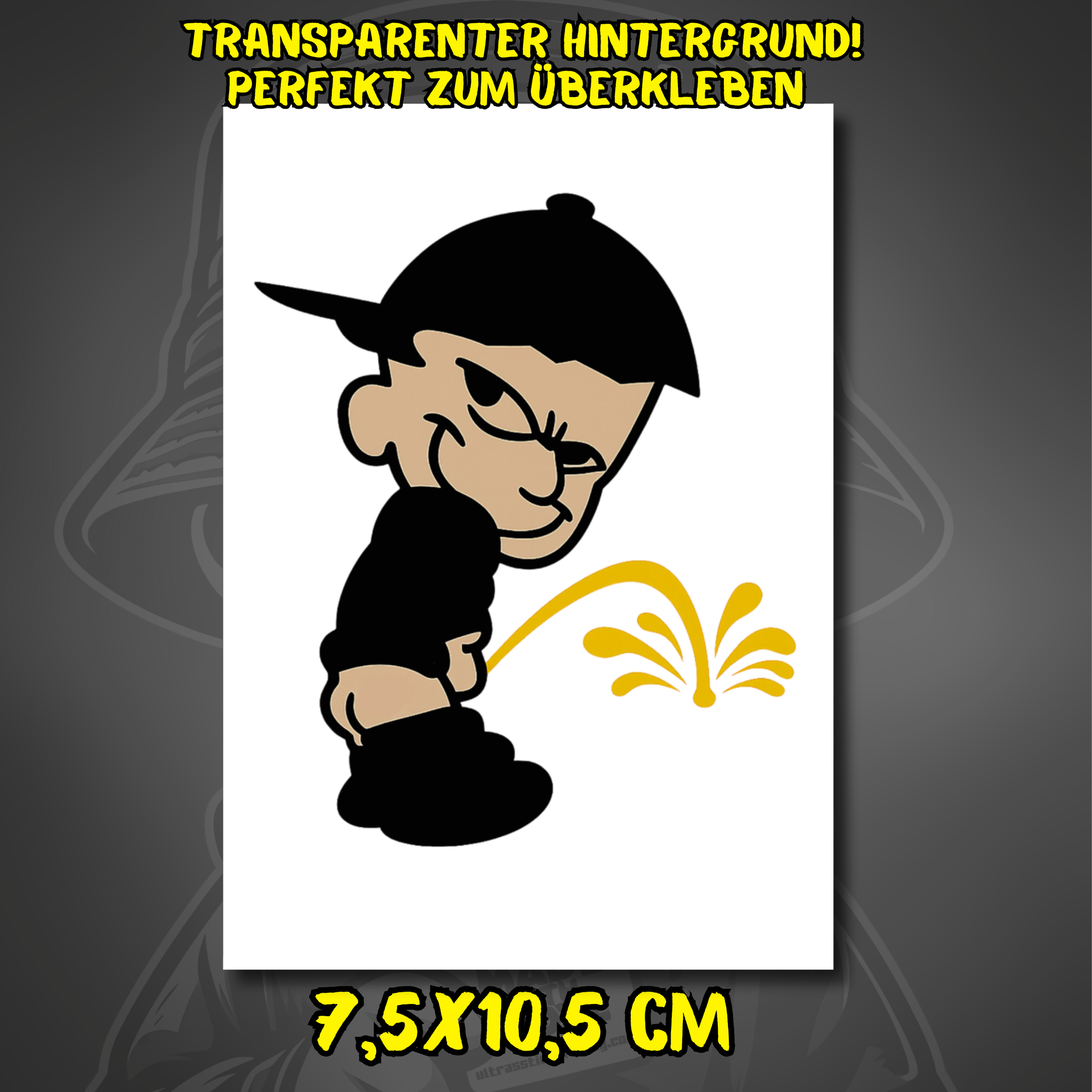 Aufkleber mit Cartoon-Figur, Cap, schwarzem Outfit und transparentem Hintergrund