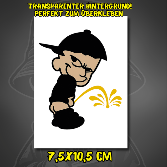 Aufkleber mit Cartoon-Figur, Cap, schwarzem Outfit und transparentem Hintergrund