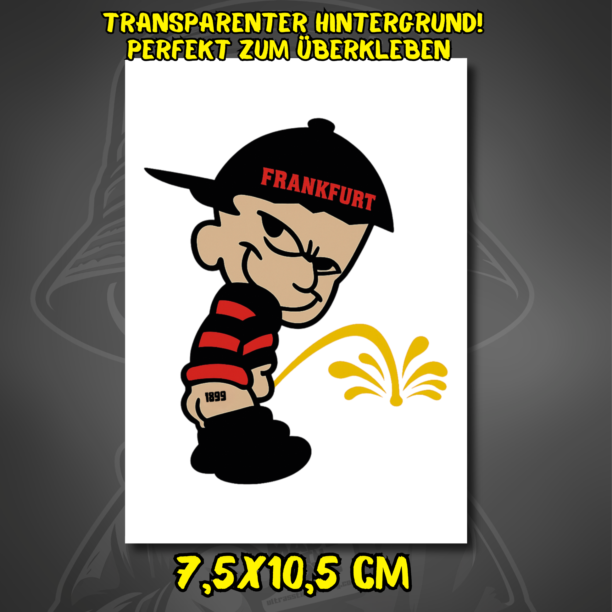 Frankfurt Aufkleber mit Cartoon-Figur, Frankfurt-Cap, rot-schwarzem Outfit, 1899-Detail und transparentem Hintergrund.