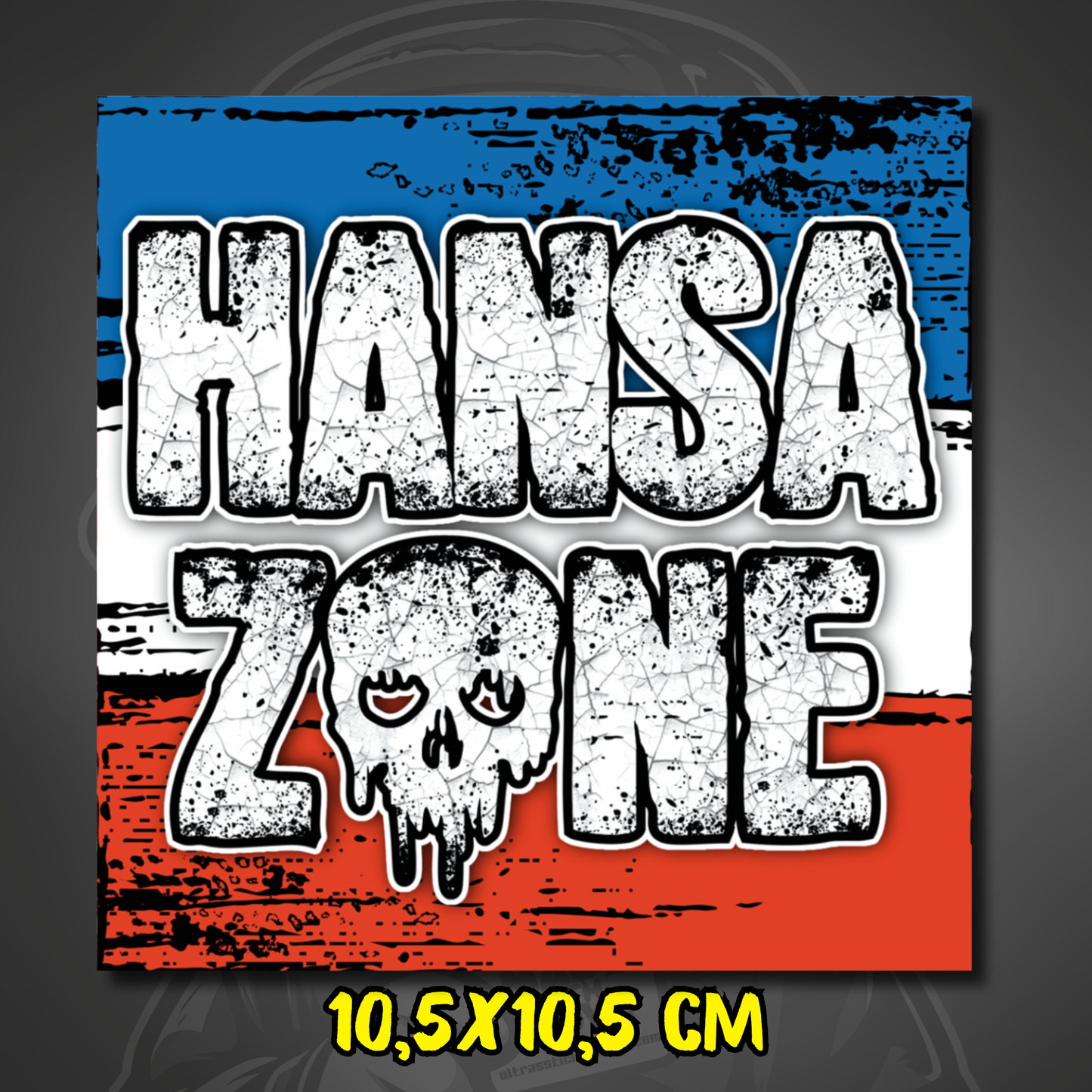 Aufkleber mit der Aufschrift Hansa Zone im gritty Crackle-Look, mit Skull-Grafik und blau-weiß-rotem Hintergrund.