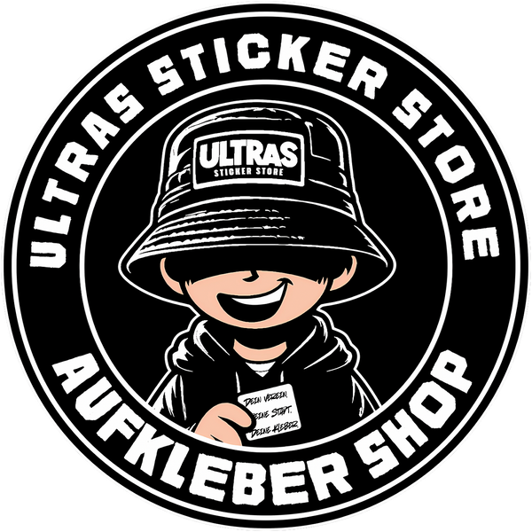 Logo von Ultras Sticker Store – Maskottchen mit Bucket Hat und Aufkleber